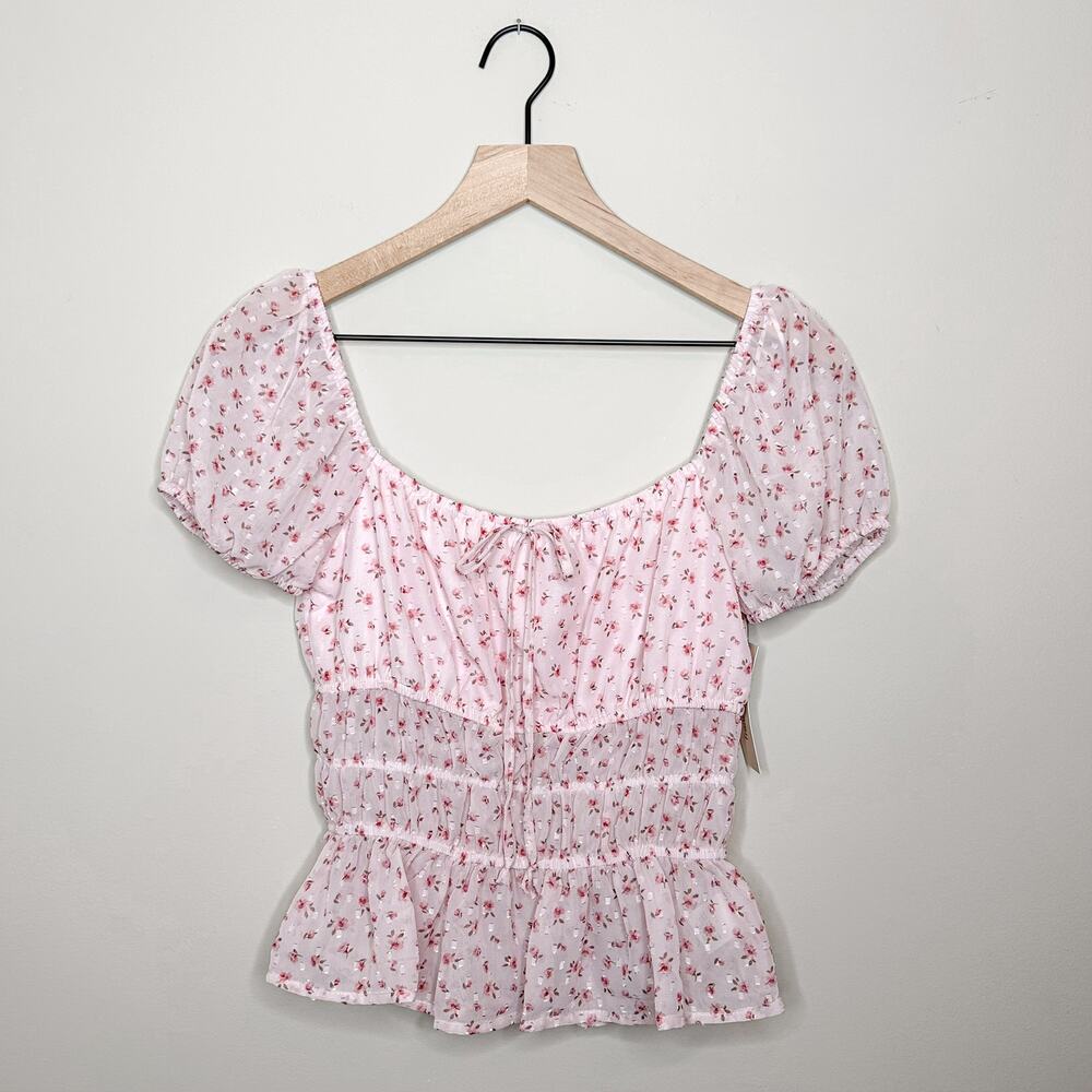 NWT Francesca's Mi Ami Pink Puff Sleeve Peplem Blouse